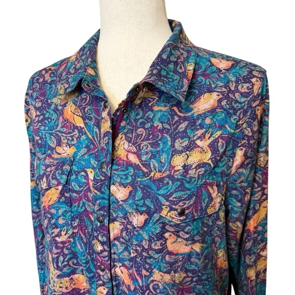 Sundance Woodsong Joy Rabbit Bird Western Boho Shirt Blue Purple Size M #2077 - Picture 4 of 8